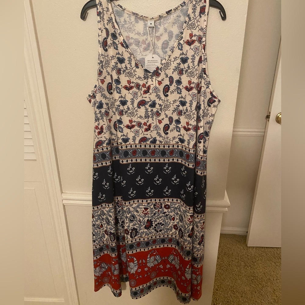 Boho Chic Sleeveless Multi Color Prairie Dress; size Medium; new with tags.